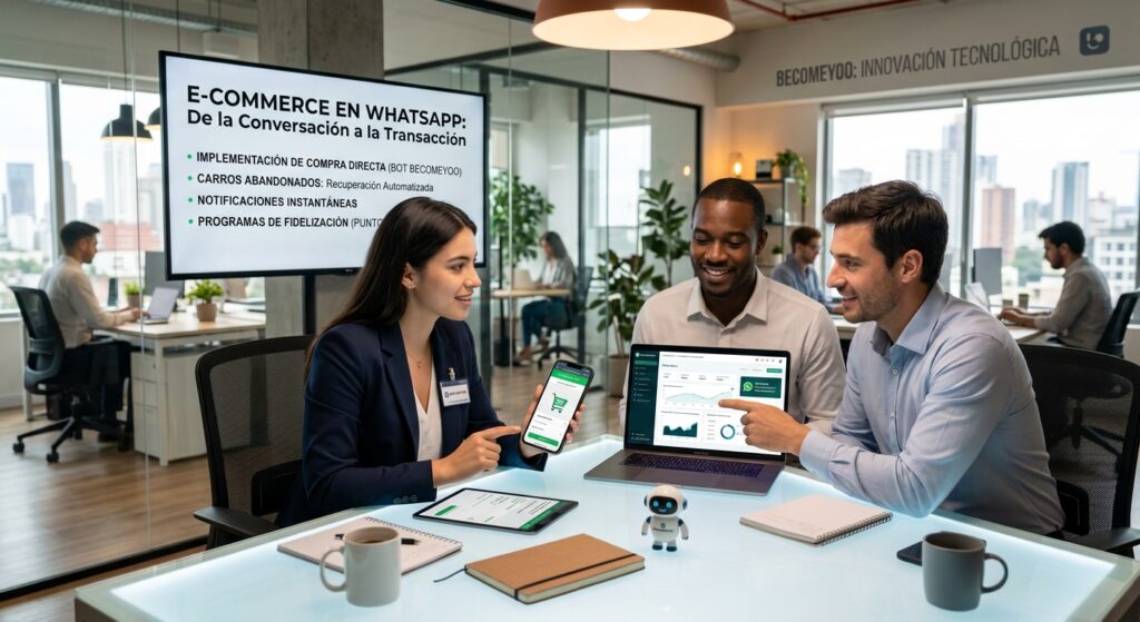El propósito de la imagen "Bot Whatasapp Yoo.jpeg" es ilustrar de manera corporativa y visual el impacto y la funcionalidad de la solución de "E-commerce en WhatsApp" de Becomeyoo. Representa la sinergia entre un equipo de negocio y la tecnología del bot de IA, mostrando en pantallas reales la compra directa, la recuperación de carritos, las notificaciones y los dashboards de rendimiento del cliente.